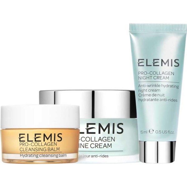 Elemis pro-collagen crema de noche 15ml + balsamo limpiador 15ml + crema anti-arrugas 30ml